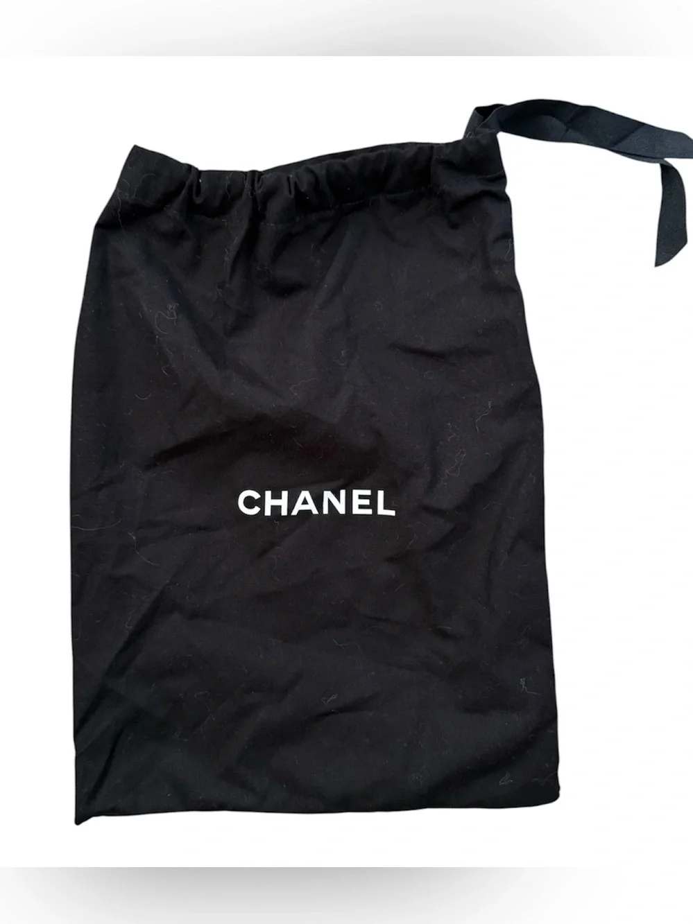CHANEL Black Drawstring Dust Pouch White Logo Side Tie Small